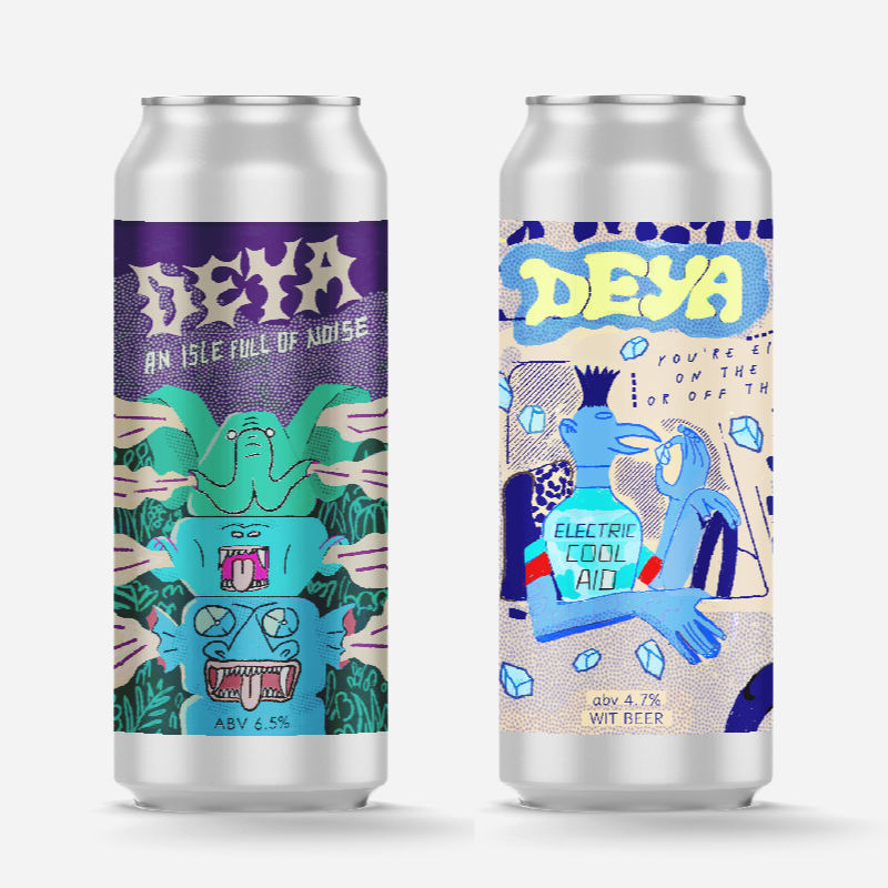 Two beer can designs with illustration